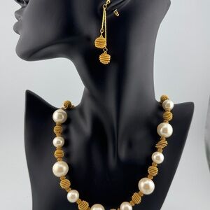Vintage Anne Klein Gold Tone Faux Pearl Signed Statement Necklace Earring Set